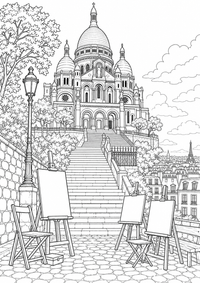 Sacré-Cœur auf Montmartre: Dieses kostenlose A4-Ausmalbild zeigt das französische Motiv mit klaren schwarzen Konturen auf weißem Hintergrund zum Ausdrucken.