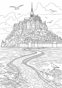 Mont-Saint-Michel bei Ebbe: Dieses kostenlose A4-Ausmalbild zeigt das französische Motiv mit klaren schwarzen Konturen auf weißem Hintergrund zum Ausdrucken.