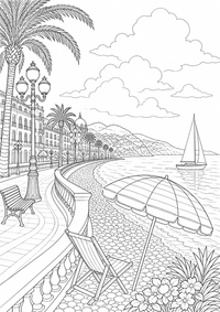 Promenade in Nizza an der Côte d’Azur: Dieses kostenlose A4-Ausmalbild zeigt das französische Motiv mit klaren schwarzen Konturen auf weißem Hintergrund zum Ausdrucken.