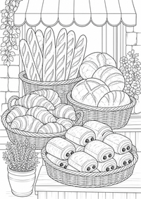 Französische Bäckerei mit Baguettes und Croissants: Dieses kostenlose A4-Ausmalbild zeigt das französische Motiv mit klaren schwarzen Konturen auf weißem Hintergrund zum Ausdrucken.