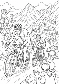 Radfahrer in den französischen Alpen: Dieses kostenlose A4-Ausmalbild zeigt das französische Motiv mit klaren schwarzen Konturen auf weißem Hintergrund zum Ausdrucken.