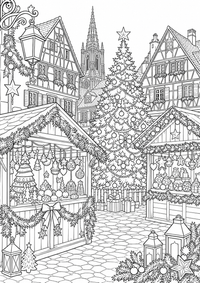 Weihnachtsmarkt in Straßburg: Dieses kostenlose A4-Ausmalbild zeigt das französische Motiv mit klaren schwarzen Konturen auf weißem Hintergrund zum Ausdrucken.