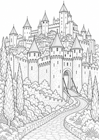 Mittelalterliche Stadt Carcassonne: Dieses kostenlose A4-Ausmalbild zeigt das französische Motiv mit klaren schwarzen Konturen auf weißem Hintergrund zum Ausdrucken.