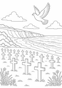 Friedliche Gedenkstätte an der Normandie-Küste: Dieses kostenlose A4-Ausmalbild zeigt das französische Motiv mit klaren schwarzen Konturen auf weißem Hintergrund zum Ausdrucken.