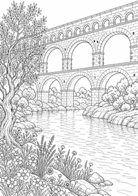 Pont du Gard über dem Fluss: Dieses kostenlose A4-Ausmalbild zeigt das französische Motiv mit klaren schwarzen Konturen auf weißem Hintergrund zum Ausdrucken.