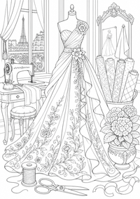 Pariser Modeatelier: Dieses kostenlose A4-Ausmalbild zeigt das französische Motiv mit klaren schwarzen Konturen auf weißem Hintergrund zum Ausdrucken.