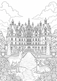 Schloss Chambord im Loiretal: Dieses kostenlose A4-Ausmalbild zeigt das französische Motiv mit klaren schwarzen Konturen auf weißem Hintergrund zum Ausdrucken.