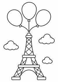 Eiffelturm mit Luftballons ist ein einfaches, kinderfreundliches kostenloses A4-Ausmalbild mit dicken schwarzen Konturen auf weißem Hintergrund zum Ausdrucken.