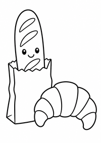 Baguette und Croissant ist ein einfaches, kinderfreundliches kostenloses A4-Ausmalbild mit dicken schwarzen Konturen auf weißem Hintergrund zum Ausdrucken.