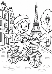 Kind auf dem Fahrrad in Paris ist ein einfaches, kinderfreundliches kostenloses A4-Ausmalbild mit dicken schwarzen Konturen auf weißem Hintergrund zum Ausdrucken.