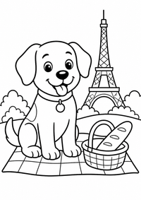 Hund beim Pariser Picknick ist ein einfaches, kinderfreundliches kostenloses A4-Ausmalbild mit dicken schwarzen Konturen auf weißem Hintergrund zum Ausdrucken.