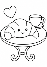 Croissant im französischen Café ist ein einfaches, kinderfreundliches kostenloses A4-Ausmalbild mit dicken schwarzen Konturen auf weißem Hintergrund zum Ausdrucken.