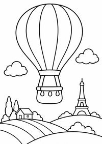 Heissluftballon über Frankreich ist ein einfaches, kinderfreundliches kostenloses A4-Ausmalbild mit dicken schwarzen Konturen auf weißem Hintergrund zum Ausdrucken.
