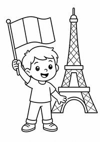 Kind mit französischer Flagge ist ein einfaches, kinderfreundliches kostenloses A4-Ausmalbild mit dicken schwarzen Konturen auf weißem Hintergrund zum Ausdrucken.