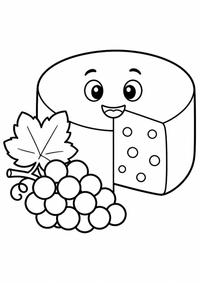 Französischer Käse mit Trauben ist ein einfaches, kinderfreundliches kostenloses A4-Ausmalbild mit dicken schwarzen Konturen auf weißem Hintergrund zum Ausdrucken.