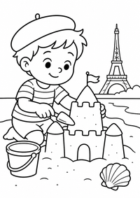Sandburg am französischen Strand ist ein einfaches, kinderfreundliches kostenloses A4-Ausmalbild mit dicken schwarzen Konturen auf weißem Hintergrund zum Ausdrucken.