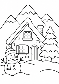 Verschneite Berghütte in Frankreich ist ein einfaches, kinderfreundliches kostenloses A4-Ausmalbild mit dicken schwarzen Konturen auf weißem Hintergrund zum Ausdrucken.