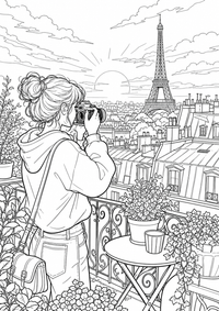 Paris Rooftop Photographer: Eine junge Fotografin steht mit einer Vintage-Kamera auf einem Balcony über den strukturierten Pariser Dächern. Zwischen Pflanztöpfen und Geländern ragt der Eiffelturm im Hintergrund auf. This free printable A4 coloring page is designed for teens, with crisp black outlines and varied, satisfying details to color.