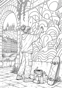 Lyon Street Art Scene: Ein Teenager gestaltet ein abstraktes Wandbild an einer Backsteinwand unter alten Bögen. Skateboard, Farbdosen und grafische Flächen machen die urbane Szene abwechslungsreich. This free printable A4 coloring page is designed for teens, with crisp black outlines and varied, satisfying details to color.