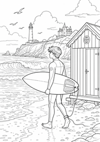 Biarritz Surfer: Ein jugendlicher Surfer trägt sein Board am Atlantik entlang. Wellen, ein gestreiftes Strandhäuschen und ein Leuchtturm ergänzen die bewegte Küstenszene. This free printable A4 coloring page is designed for teens, with crisp black outlines and varied, satisfying details to color.