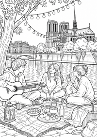 Evening Picnic by the Seine: Drei Jugendliche sitzen mit Gitarre und Snacks am Seineufer. Lichterketten, Wasserreflexionen und die Silhouette von Notre-Dame schaffen eine entspannte Abendszene. This free printable A4 coloring page is designed for teens, with crisp black outlines and varied, satisfying details to color.