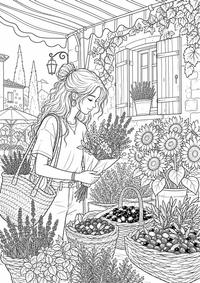 Provence Market Stall: Eine Jugendliche wählt auf einem provenzalischen Markt einen Blumenstrauß aus. Körbe mit Kräutern, Oliven und Sonnenblumen stehen unter einer gestreiften Markise vor rustikalen Fensterläden. This free printable A4 coloring page is designed for teens, with crisp black outlines and varied, satisfying details to color.