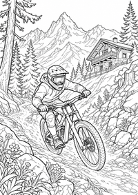French Alps Mountain Bike Trail: Ein Teenager fährt mit dem Mountainbike über einen Waldtrail. Tannen, eine Berghütte und ferne Gipfel bilden einen klaren, aber spannend strukturierten Alpenhintergrund. This free printable A4 coloring page is designed for teens, with crisp black outlines and varied, satisfying details to color.