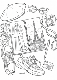 Paris Fashion Sketchbook: Auf einem modernen Skizzenbuch liegen Sneaker-Entwürfe, Baskenmütze, Sonnenbrille, Kamera und geometrische Muster. Das Motiv verbindet Pariser Stil mit vielen gut ausmalbaren Details. This free printable A4 coloring page is designed for teens, with crisp black outlines and varied, satisfying details to color.