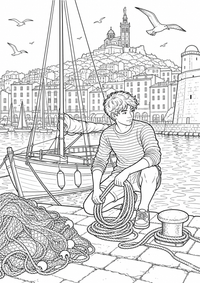 Young Sailor in Marseille Harbor: Ein jugendlicher Segler wickelt ein Tau neben seinem kleinen Boot auf. Fangnetze, Möwen und die Kaimauer des Alten Hafens geben der Szene maritime Tiefe. This free printable A4 coloring page is designed for teens, with crisp black outlines and varied, satisfying details to color.