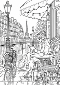 Café Terrace after Rain: Eine Jugendliche liest mit Kopfhörern an einer französischen Caféterrasse. Ein Fahrrad, eine Straßenlaterne und spiegelnde Pflastersteine füllen die ruhige Stadtszene. This free printable A4 coloring page is designed for teens, with crisp black outlines and varied, satisfying details to color.