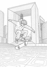 La Défense Skateboard Scene: Ein Skateboarder springt unter den modernen Bögen von La Défense. Geometrische Hochhäuser und wiederholte Pflasterlinien schaffen ein dynamisches, grafisches Stadtmotiv. This free printable A4 coloring page is designed for teens, with crisp black outlines and varied, satisfying details to color.