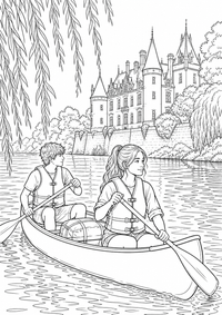 Loire Valley Canoe Trip: Zwei Jugendliche paddeln ein Kanu auf der Loire an einem französischen Château vorbei. Weidenzweige, Wasserlinien und das Ufer sorgen für unterschiedliche Flächen zum Ausmalen. This free printable A4 coloring page is designed for teens, with crisp black outlines and varied, satisfying details to color.