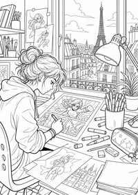 French Comic Artist: Eine jugendliche Zeichnerin arbeitet an einer Comicseite am Schreibtisch. Stifte, Papier, Lampe und ein Fenster mit Pariser Skyline bilden eine kreative Atelier-Szene. This free printable A4 coloring page is designed for teens, with crisp black outlines and varied, satisfying details to color.