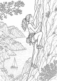 Calanques Rock Climber: Ein jugendlicher Kletterer steigt an den hellen Cliffs der Calanques. Seil, zerklüftete Kalksteinwände, eine Meeresbucht und ein kleines Segelboot zeigen die Landschaft bei Marseille. This free printable A4 coloring page is designed for teens, with crisp black outlines and varied, satisfying details to color.