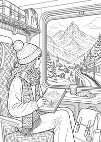 French Alps Train Journey: Ein Teenager zeichnet am Zugfenster verschneite Berggipfel. Schal, Gepäckablage und gemusterter Sitz bilden den gemütlichen Innenraum vor der winterlichen Berglandschaft. This free printable A4 coloring page is designed for teens, with crisp black outlines and varied, satisfying details to color.