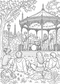 French Park Concert: Ein jugendlicher Schlagzeuger spielt mit Freunden auf einer Rasenfläche vor einem Musikpavillon. Bäume und eine ferne Stadtsilhouette machen die Szene lebendig, ohne überladen zu wirken. This free printable A4 coloring page is designed for teens, with crisp black outlines and varied, satisfying details to color.