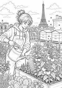 Paris Rooftop Vegetable Garden: Ein Teenager pflegt Tomaten und Gemüsebeete auf einem begrünten Pariser Dach. Gießkanne, Bienenkästen und der Eiffelturm im Hintergrund verbinden Stadt und Natur. This free printable A4 coloring page is designed for teens, with crisp black outlines and varied, satisfying details to color.