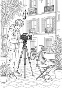 Film Camera in a Paris Courtyard: Eine jugendliche Filmemacherin richtet eine Kamera in einem Pariser Innenhof aus. Klappstuhl, Pflanzkübel, Fahrrad und Fassadenfenster ergeben eine moderne Filmszene. This free printable A4 coloring page is designed for teens, with crisp black outlines and varied, satisfying details to color.