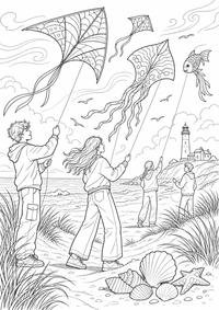 Normandy Beach Kite Festival: Jugendliche lassen große Drachen über einem breiten Strand der Normandie steigen. Muscheln, Windlinien, Dünen und ein kleiner Leuchtturm setzen viele klare Akzente. This free printable A4 coloring page is designed for teens, with crisp black outlines and varied, satisfying details to color.