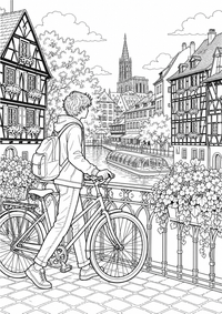 Strasbourg Bicycle Bridge: Eine Jugendliche schiebt ihr Fahrrad über eine Brücke in Straßburg. Fachwerkhäuser, Kanalschiffe und Flowers am Geländer machen die elsässische Stadtszene detailliert und freundlich. This free printable A4 coloring page is designed for teens, with crisp black outlines and varied, satisfying details to color.