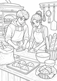 French Bakery Class: Zwei Jugendliche formen Croissants an einer langen Backtheke. Mehlsack, Baguettes, Schüsseln und ein Backofen schaffen eine anschauliche, lebendige Küchenszene. This free printable A4 coloring page is designed for teens, with crisp black outlines and varied, satisfying details to color.