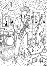 Ein Teenager spielt Saxofon unter alten Ziegelbögen; Mikrofon, Café­tisch und die musikalisch gestaltete Kellerbühne füllen den Raum. Als kostenloses A4-Ausmalbild mit klaren schwarzen Konturen ist das Motiv für Jugendliche gut druckbar und angenehm auszumalen.