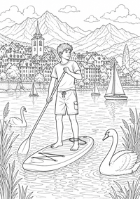 Eine Jugendliche steht auf ihrem Board am klaren See; Schwäne, Segelboote, Schilf und die Alpenstadt Annecy liegen in mehreren Bildtiefen. Als kostenloses A4-Ausmalbild mit klaren schwarzen Konturen ist das Motiv für Jugendliche gut druckbar und angenehm auszumalen.