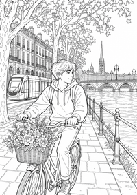 Ein Teenager fährt an der Garonne vorbei an großen Steinbauten, einer Straßenbahn, Platanen und einer weitgespannten Brücke. Als kostenloses A4-Ausmalbild mit klaren schwarzen Konturen ist das Motiv für Jugendliche gut druckbar und angenehm auszumalen.