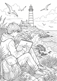 Eine junge Zeichnerin sitzt mit ihrem Skizzenbuch neben einem gestreiften Leuchtturm; Windgras, Felsen, Möwen und Atlantikwellen prägen die Küste. Als kostenloses A4-Ausmalbild mit klaren schwarzen Konturen ist das Motiv für Jugendliche gut druckbar und angenehm auszumalen.