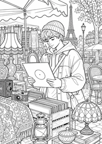 Ein Teenager stöbert auf einem Pariser Flohmarkt in Platten; alte Kameras, Lampen, Musterstoffe, Kisten und Markttücher schaffen viele kleine Details. Als kostenloses A4-Ausmalbild mit klaren schwarzen Konturen ist das Motiv für Jugendliche gut druckbar und angenehm auszumalen.