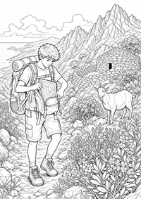Ein Teenager mit Rucksack prüft seine Karte auf einem felsigen Korsikapfad; Macchia, eine alte Steinhütte, eine Ziege und Küstenblicke erzählen von der Insel. Als kostenloses A4-Ausmalbild mit klaren schwarzen Konturen ist das Motiv für Jugendliche gut druckbar und angenehm auszumalen.