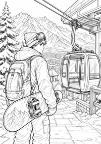 Ein Teenager trägt sein Snowboard zur Bergstation; eine Kabine, verschneite Dächer, Tannen und hohe Alpenberge machen die Winteransicht lebendig. Als kostenloses A4-Ausmalbild mit klaren schwarzen Konturen ist das Motiv für Jugendliche gut druckbar und angenehm auszumalen.