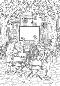 Jugendliche stellen vor einer großen leeren Leinwand Klappstühle auf; Projektor, Lichterketten, Fahrräder, Platanen und Fensterläden bereiten den Filmabend vor. Als kostenloses A4-Ausmalbild mit klaren schwarzen Konturen ist das Motiv für Jugendliche gut druckbar und angenehm auszumalen.