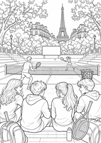 Zwei Jugendliche spielen auf einem roten Sandplatz; Schläger, Ballkorb, kräftige Bäume und elegante Tribünenstufen machen das Sportmotiv abwechslungsreich. Als kostenloses A4-Ausmalbild mit klaren schwarzen Konturen ist das Motiv für Jugendliche gut druckbar und angenehm auszumalen.